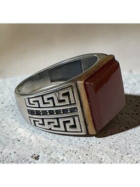 Vintage Mens Sterling Silver Ring With Red Agate Stone & Greek Key Design Signed